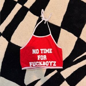 Red Halter Crop Top with Bold White Slogan